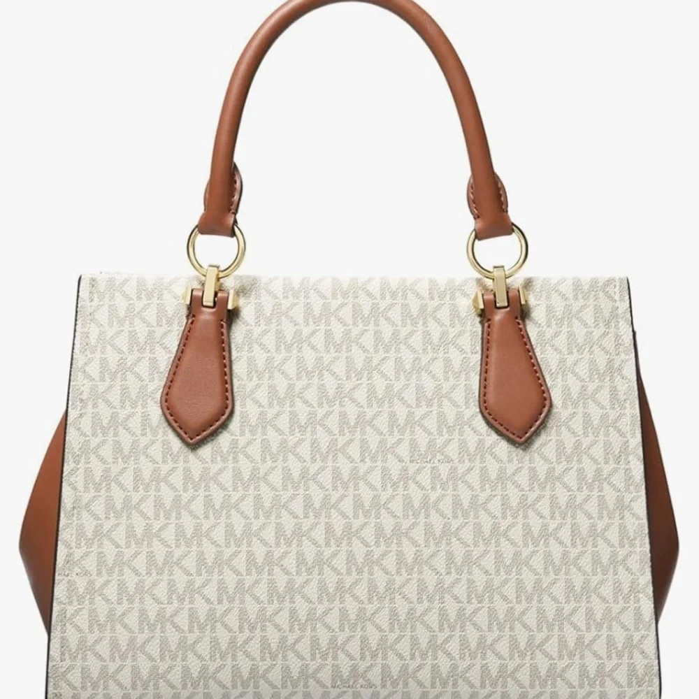 NWT Michael Kors Marilyn Vanilla/Luggage Satchel Crossbody Design MSRP $298